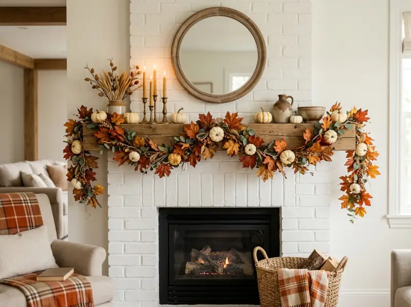 Classic autumn leaf garland with colorful maple leaves and cream pumpkins on a fireplace mantel.