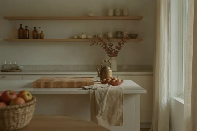 stunning cozy fall kitchen decor featuring amber glass bottles wooden cutting boards and dried autumn stems on quartz countertops.