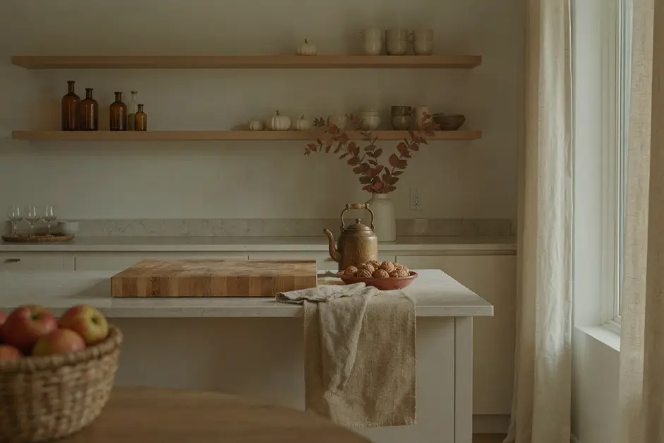 stunning cozy fall kitchen decor featuring amber glass bottles wooden cutting boards and dried autumn stems on quartz countertops.