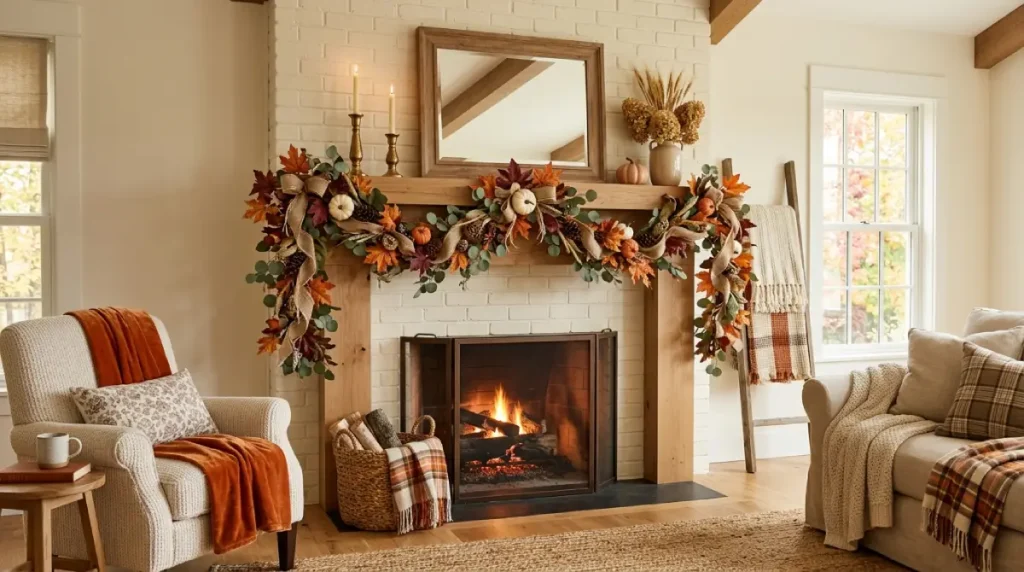 Easy DIY fall garland ideas with autumn leaves, mini pumpkins, and greenery decorating a cozy fireplace mantel.