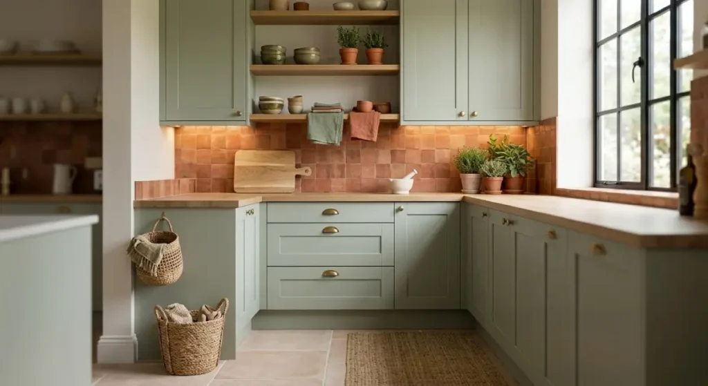 Harmonious sage green kitchen with a terracotta tile backsplash, warm under-cabinet lighting, and oak open shelves.