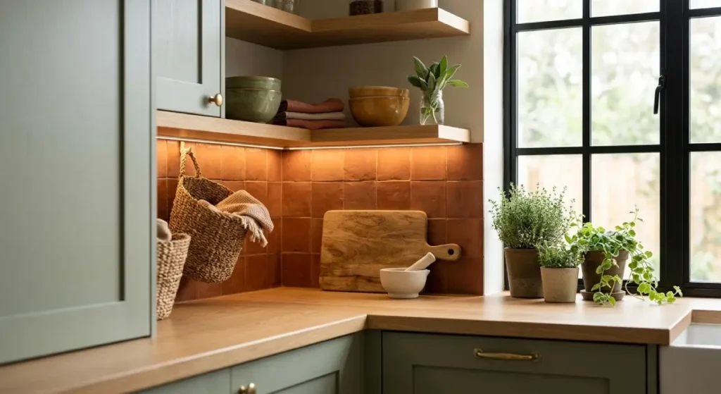 Modern sage green kitchen with terracotta tile backsplash, warm under-cabinet LED lighting, and natural oak shelving.